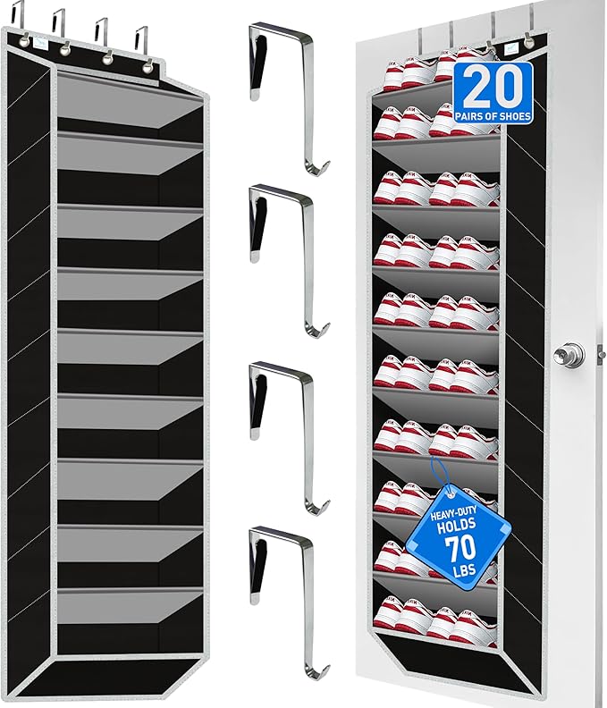 Heavy-Duty, Over The Door Shoe Organizer, Extra Large 10 Tiers, Over Door Shoe Organizer, Coated Hooks Grip Firmly Without Scratching Paint,75LB, Door Shoe Rack,Grey