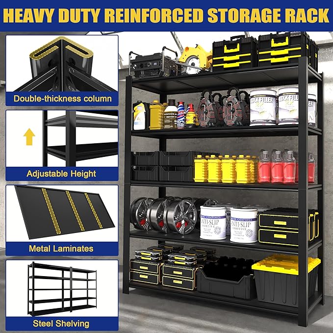 3000LBS Garage Shelving Units and Storage, Heavy Duty Shelf Rack, 5 Tier Shelves for Garage Storage, Metal Adjustable Shelf for Basement, Warehouse and Supermarket