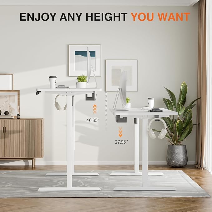 Furmax Electric Standing Desk, 59 x 24 Inches Height Adjustable Desk with Wheels, Home Office Computer Desk with Management Box (White)