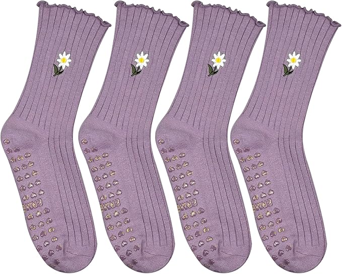 4 Pairs Cute Pilates Grip Socks for Women – Ruffle Top Non Slip Yoga Barre Crew Socks for Workout, Dance, Hospital