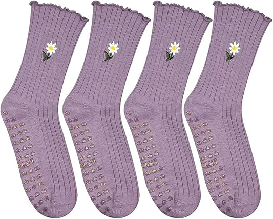 4 Pairs Cute Pilates Grip Socks for Women – Ruffle Top Non Slip Yoga Barre Crew Socks for Workout, Dance, Hospital