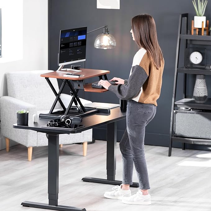 VIVO 26 inch Desk Converter, K Series, Height Adjustable Sit to Stand Riser, Dual Monitor and Laptop Workstation with Keyboard Tray, Dark Walnut Top, Black Frame, DESK-V026KA