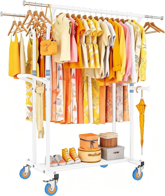 Heavy Duty Clothes Rack for Hanging Clothing: Rolling Coat Racks Poartable Garment with Wheels Freestanding Sturdy Metal Adjustable Extendable with Shelves Bedroom Laundry Living Room