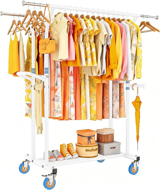 Heavy Duty Clothes Rack for Hanging Clothing: Rolling Coat Racks Poartable Garment with Wheels Freestanding Sturdy Metal Adjustable Extendable with Shelves Bedroom Laundry Living Room