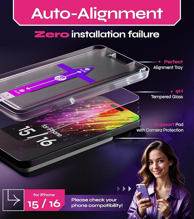 Defenslim Screen Protector for iPhone 15/16 (2Pack), Easy Auto-Align Install Kit, 6.1" Tempered Glass, 9H Hardness, Ultra HD Clear, Case Friendly, EasyShield