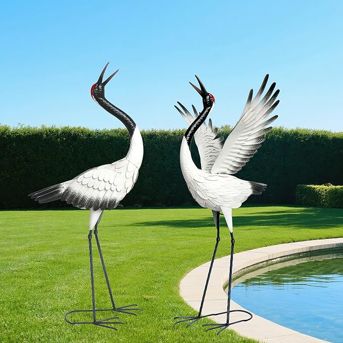 chisheen Crane Garden Statues Outdoor Metal Heron Yard Art Crane for Garden Sculptures Patio Lawn Ornaments,Set of 2