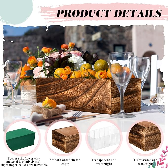 Dandat 4 Set Wood Boxes for Centerpieces 12x4 Inch Rectangle Wooden Planter Box Rustic Wood Planter with Removable Plastic Liner Floral Foam Blocks for Centerpieces Home Wedding Garden Decor