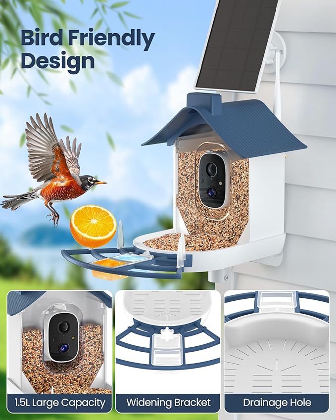 Bird Feeder with Camera, AI Identify Bird's Species Camera, Full HD Live Video Outdoor Adjustable Solar Smart Birds Feeder, Auto Capture Birds Videos & Notify, Ideal Present for Bird Lover