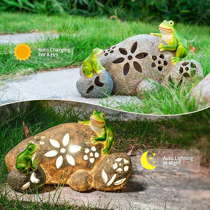 Solar Frogs Garden Statues Outdoor Resin Frog on Rock Figurine with LED Lights Porch Patio Lawn Yard Art Home Decorations Birthday Housewarming Christmas Gardening Gifts for Mom Women