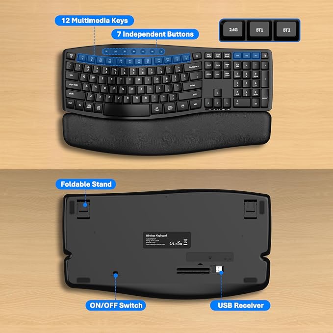 EDJO Wireless Keyboard,2.4G USB/Bluetooth Dual-Channel Connection, Full Size Wave Keys Ergonomic Keyboard with Soft Wrist Rest for Windows, Mac OS Desktop/Laptop/PC(Black)