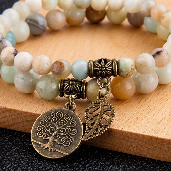 Bivei Natural Semi Precious Gemstone beads bracelet for women - Life Tree and Leaf Charm Energy Reiki Crystal Stretch Bracelets