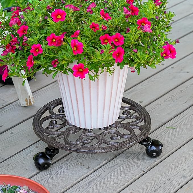 Sungmor Heavy Duty Cast Iron Plant Caddy,11" Round Potted Plant Stand Flower Pot Rack on 3 Solid Wheels,Indoor Outdoor Planter Holder Trolley Casters Rolling Tray