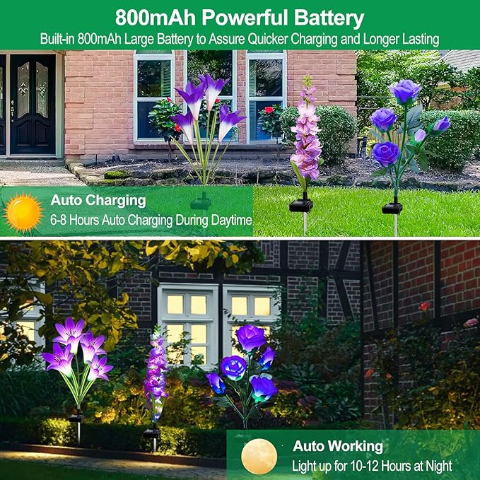 Solar Garden Lights, 6 Pack Solar Flowers Lights with Lily Rose Delphinium, Waterproof Gardening Gifts for Mom Grandma Women,Multi-Color Changing Outdoor Light for Garden Yard Patio Lawn