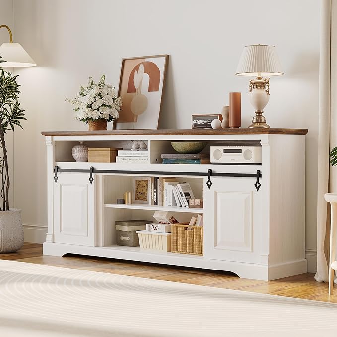 IRONCK Farmhouse TV Stand for 75+ Inch TV, 70" Entertainment Center with Storage Cabinets and Sliding Barn Door, Media Console for Living Room, White