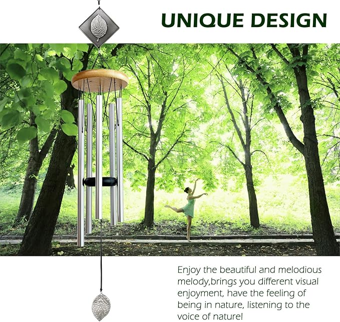 Wind Chimes for Outside,29" Lucky Leaf Memorial Wind Chimes Create a Zen Atmosphere for Oudoor,Garden Patio Yard Decor,Lucky Gift for Women/Mother/Father/Christmas/Unisex(Silver)