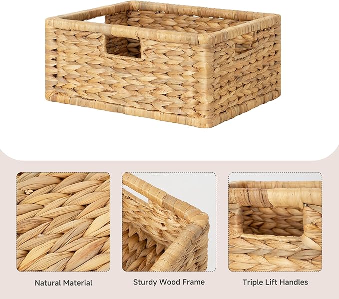 StorageWorks Large Wicker Basket for Organizing, Pantry Organizer with Wooden Frame, Water Hyacinth Storage Basket for Shelves