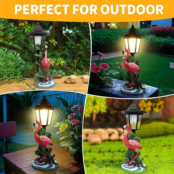Solar Flamingo Garden Decor, Summer Outdoor Statue with Solar Light Decoration for Outside Patio Yard Backyard Gifts for Mother's Day Birthday Housewarming