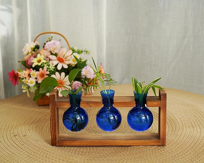 Kingbuy Glass Plant Terrarium Propagation Station - 3 Bulb Colored Vases with Retro Wood Stand Indoor Garden Planter - Wall Mounted & Desktop Decor for Home Kitchen Wedding, Gift for Plant Lover, Blue