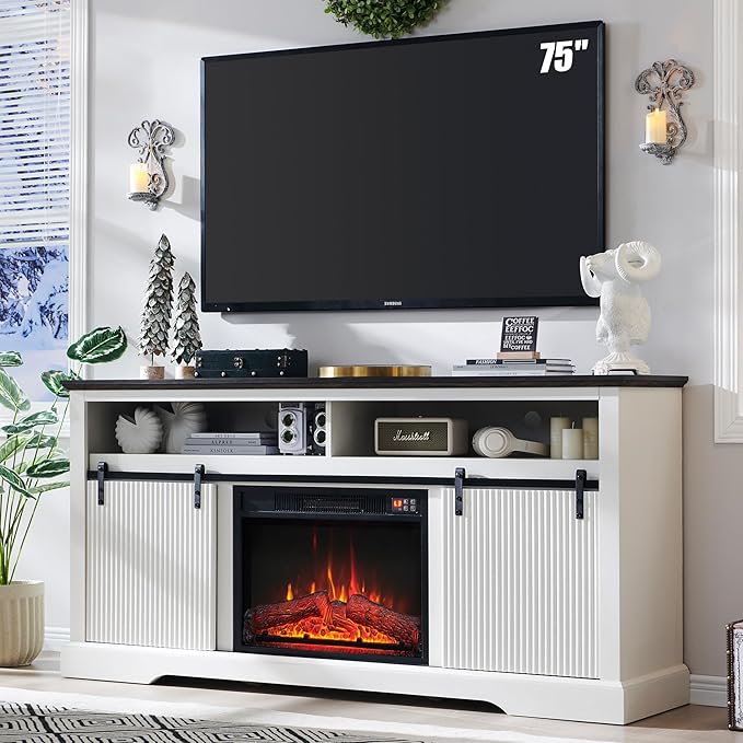 Fluted Fireplace TV Stand for TVs Up to 75 Inch, Modern Entertainment Center with Waveform Panel Sliding Door & Adjustable Shelves, Media Console for Living Room (White)