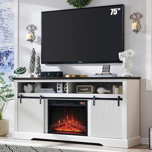 Fluted Fireplace TV Stand for TVs Up to 75 Inch, Modern Entertainment Center with Waveform Panel Sliding Door & Adjustable Shelves, Media Console for Living Room (White)