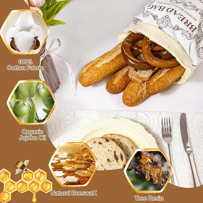 Reusable Beeswax Bread Bags with Zipper - Large Capacity Cotton Storage for Homemade, Sourdough & Fresh Bread | Food-Grade Eco-Friendly Storage Solutions