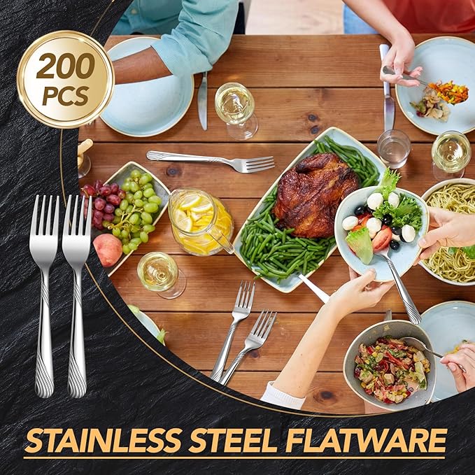 Bokon 200 Pieces Dinner Forks Bulk Set 6.9 Inches Stainless Steel Silverware Durable Table Forks Set for Home Restaurant Kitchen Dishwasher Safe