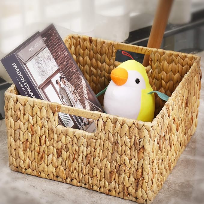 HOONEX Water Hyacinth Storage Baskets for Organizing, Decorative Wicker Baskets with Carrying Handles, Set of 2, Natural