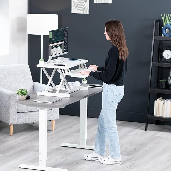 VIVO 28 inch Desk Converter, K Series, Height Adjustable Sit to Stand Riser, Dual Monitor and Laptop Workstation with Keyboard Tray, White, DESK-V028KW