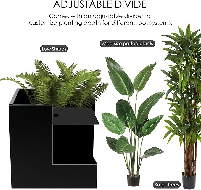 Kozyard 20'' Cube Metal Planter Steel Planter Box Black Steel Flower Pot with Saucer Partition Panel for Trees Plants Flowers Indoor Outdoor Garden Patio Deck Yard