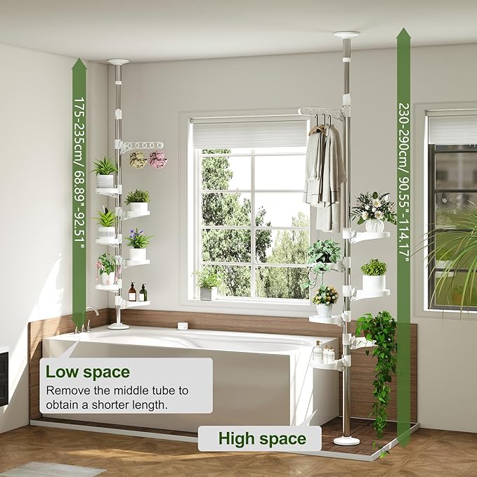 BAOYOUNI 7-Layer Indoor Plant Stands Spring Tension Pole Metal Flower Display Rack Space Saver Corner Floral Pot Hanger Shelf, Ivory