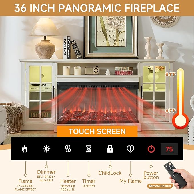 ROCKPOINT 3 Sided Glass 70" Fireplace TV Stand for TVs up to 80inch, Media Entertainment Center with Glass Door Storage Cabinet,36" Electric Fireplace with LED Light and Flame Colors, White