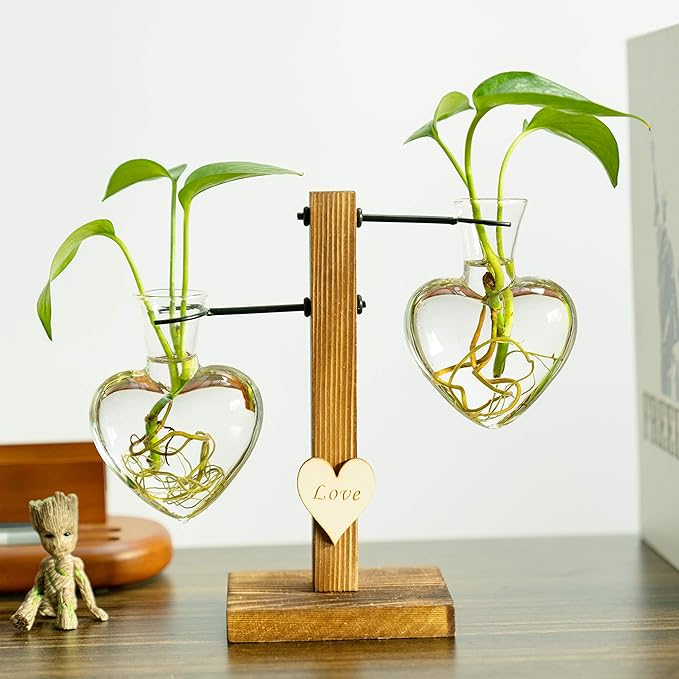 Kingbuy Heart Shaped Glass Hydroponic Vase with Retro Wooden Stand - Desktop Plant Terrarium for Bulb Planter, Water Plant Propagation Glass Vase Pot Planter Flower Desktop Decoration Home Garden