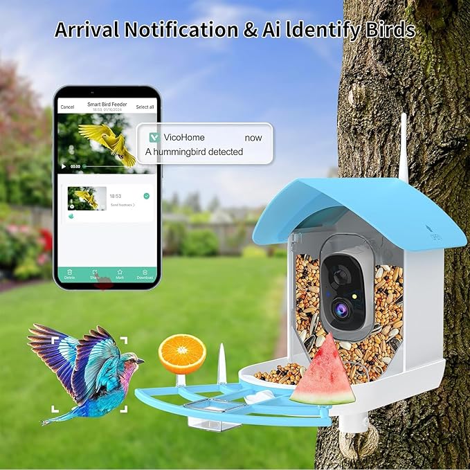 Bird Feeder with Camera, Smart AI Bird Breed Recognition,Birds Motion Detection with Real Time Notice, Solar Powered Auto Capture Bird Watching WiFi Camera,Gifts for Birdlover,Family,SkyBlue