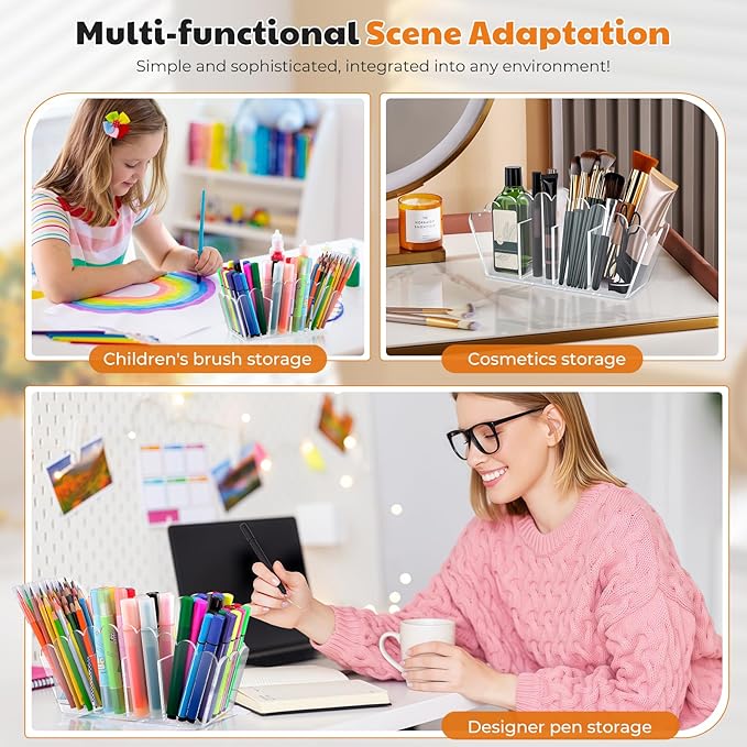 Scalloped Acrylic Pencil Holder – Clear Desk Organizer with 4 Compartments – Makeup Brush Holder & Remote Caddy for Office, Bathroom, Table – Party Accessory