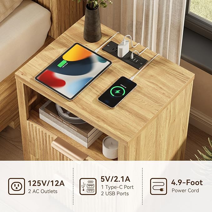 Fluted Nightstand Set of 2 with Charging Station, Night Stand with 2 Drawers, End Table with Storage, Bed Side Table for Bedroom, Modern Nightstand for Living Room, Natural
