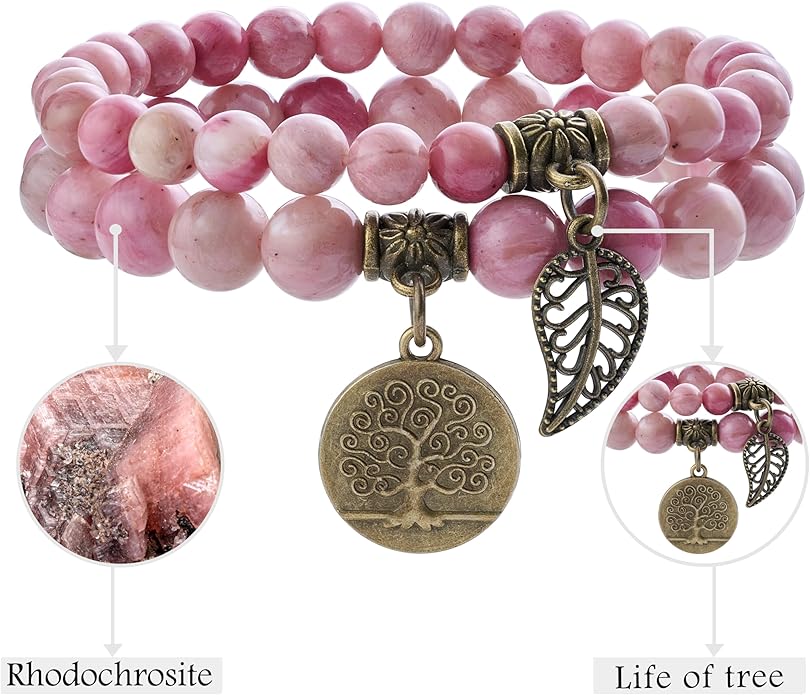 Bivei Natural Semi Precious Gemstone beads bracelet for women - Life Tree and Leaf Charm Energy Reiki Crystal Stretch Bracelets