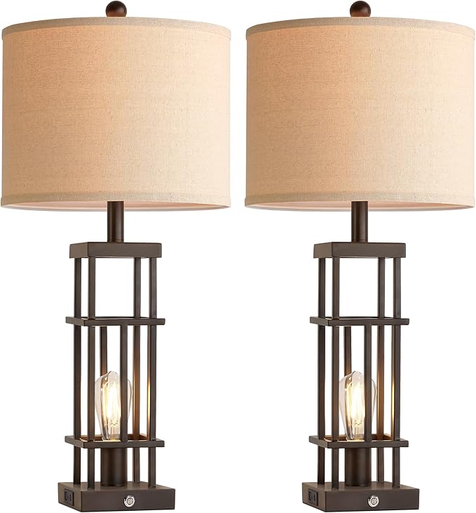 29.5" Table Lamps for Living Room Set of 2, Farmhouse Table Lamps with USB C+A Ports, Touch Control Bedside Lamps with Oil Rubbed Bronze Finish, Bulbs Included