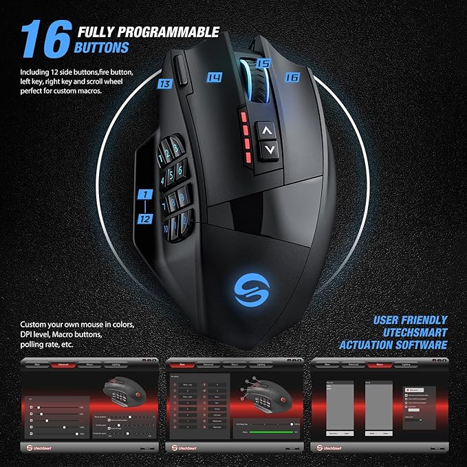 UtechSmart Venus Pro RGB Wireless MMO Gaming Mouse, 16,000 DPI Optical Sensor, 2.4 GHz Transmission Technology, Ergonomic Design, 16M Chroma RGB Lighting, 16 programmable Buttons, Up to 70 Hours