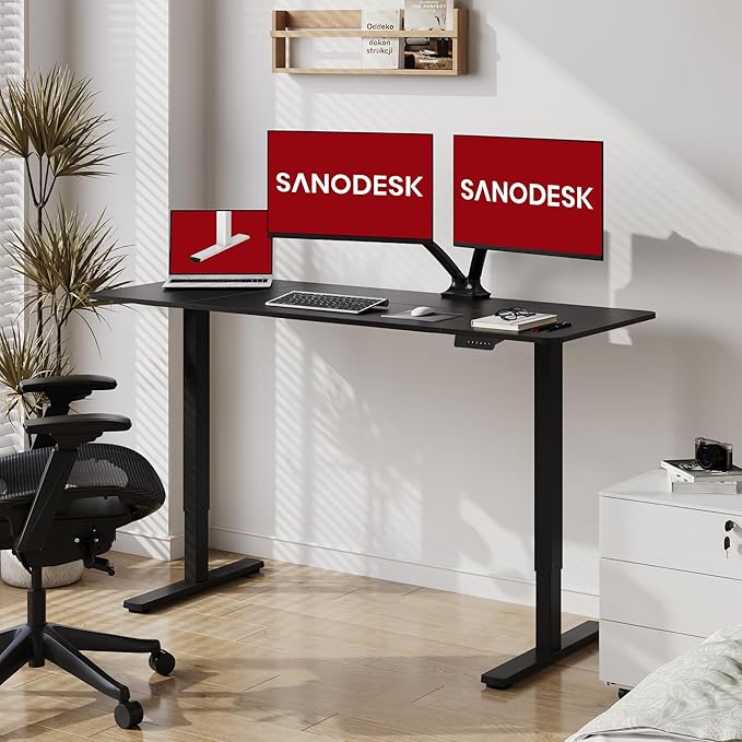 SANODESK Electric Standing Desk 63x28 Inch Height Adjustable Stand Up Desk Home Office Computer Workstation Sit Stand Home Office Desk with Splice Board (Black Frame + Black Top)