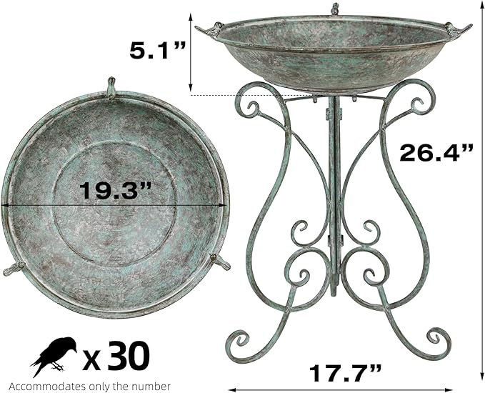 Solution4Patio 19.3" x 26.4" Vintage Metal Bird Bath for Outside - Foldable Garden Decor with Cast Iron Bird, Stable Birdbath Bowl & Feeder