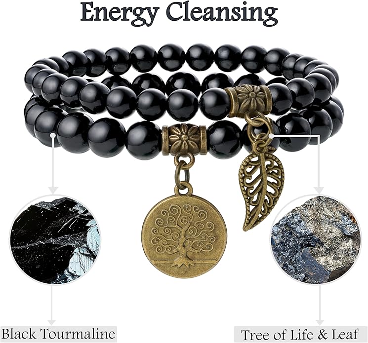 Bivei Natural Semi Precious Gemstone beads bracelet for women - Life Tree and Leaf Charm Energy Reiki Crystal Stretch Bracelets