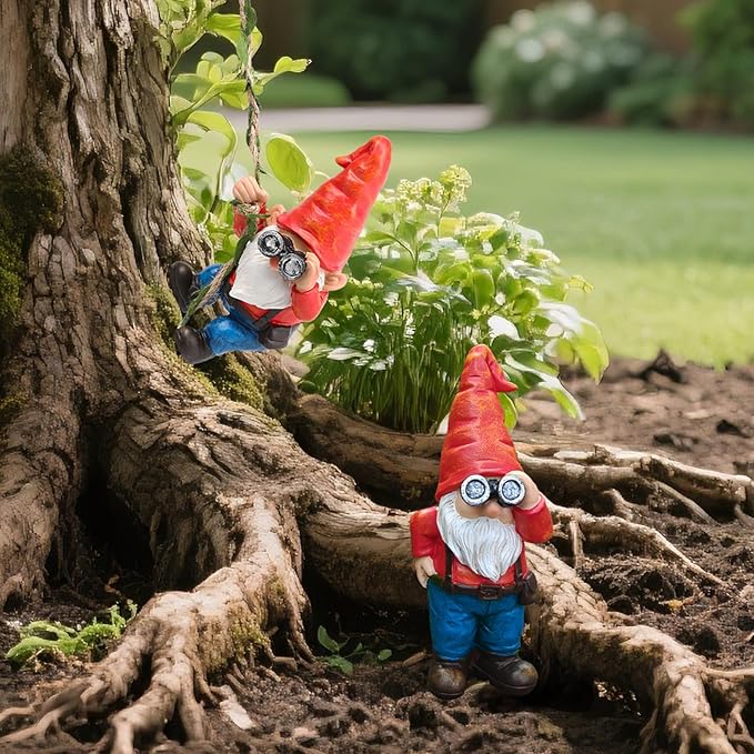 Hanging Gnome Garden Statue Funny Climbing Gnomes with Telescope Figurine Tree Hugger for Outdoor Lawn Home Patio Yard Art Decoration Father's Day Christmas Gardening Gifts for Mom Dad