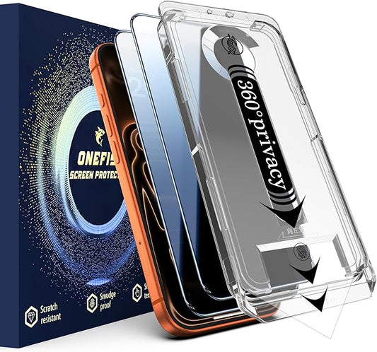 OneFish for iPhone 17 Pro Max Privacy Screen Protector, 4-Way 360° Anti-Spy Tempered Glass, 9H Hardness, HD Clear Anti-Fingerprint 3D Curved Edges, Case-Friendly & Easy Installation [2 Pack]