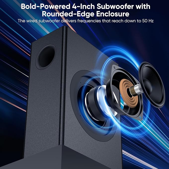 Saiyin Soundbar with 4'' Subwoofers - 70W Rounded-Edge Subwoofer & Compact Soundbar for TV, 2.1 Audio Enhanced Surround Sound System for TV, Bluetooth/Optical/AUX Connection for TV/PC