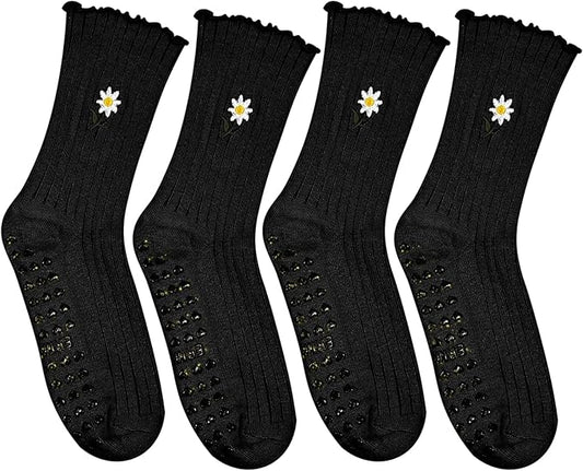 4 Pairs Cute Pilates Grip Socks for Women – Ruffle Top Non Slip Yoga Barre Crew Socks for Workout, Dance, Hospital