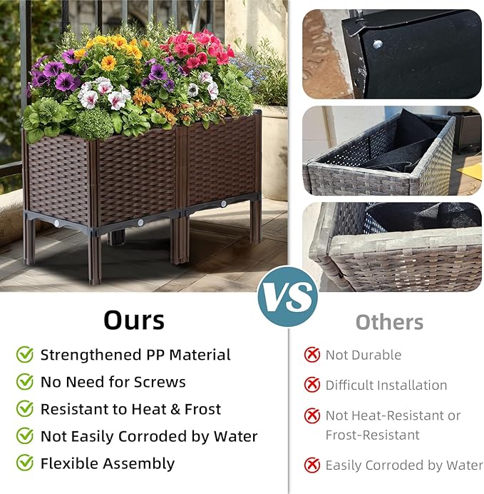 Rattan Raised Garden Bed with Legs-Rectangular Elevated Planters for Outdoor Plants, Self Watering Planter Box 32"L x 16"W x 20"H, Rectangular Deep Garden Bed for Vegetables, Flowers, Herbs