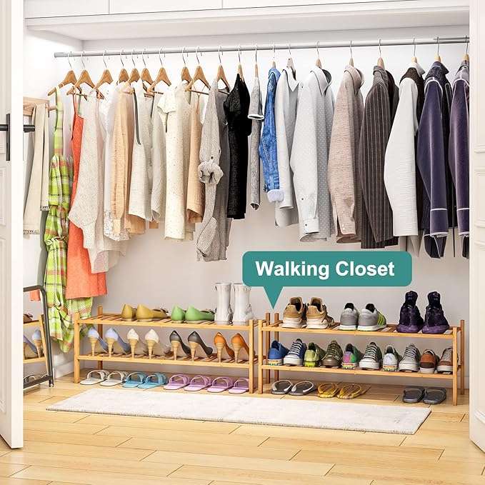 2-Tier Long Shoe Rack for Entryway, Black Bamboo Wood Shoe Rack for Closet & Hallway, Long 33IN | Beautiful | Functional | Sturdy | Durable