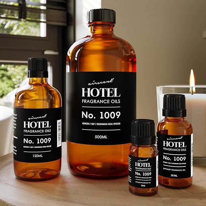 AirScent Hotel Diffuser Oil No. 1009 - Lemon Lily Hawaiian Koa Wood - Hotel Scent Dupe - Premium Fragrance Oil for Ultrasonic and Waterless Diffusers and Crafting - 120 mL, 4 fl oz Glass Bottle