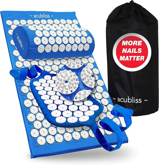 Premium Acupressure Mat, Strap & Pillow 3 Piece Gift Set, 12,348 Acupuncture Pressure Points for Back Pain Relief, Increased Energy, Relaxation, FSA/HSA Eligible, Drawstring Bag, Deep Blue