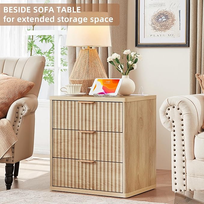 LEYAOYAO 23" Wide Fluted Farmhouse Night Stand Set of 2 with Charging Station, 3 Drawers Large End Table w/Metal Handle, Natural Nightstand Bedside Table,Wood Dresser for Bedroom, Closet